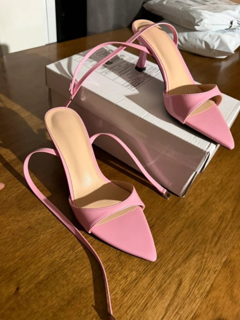 Pink ankle strap stiletto kitten heel